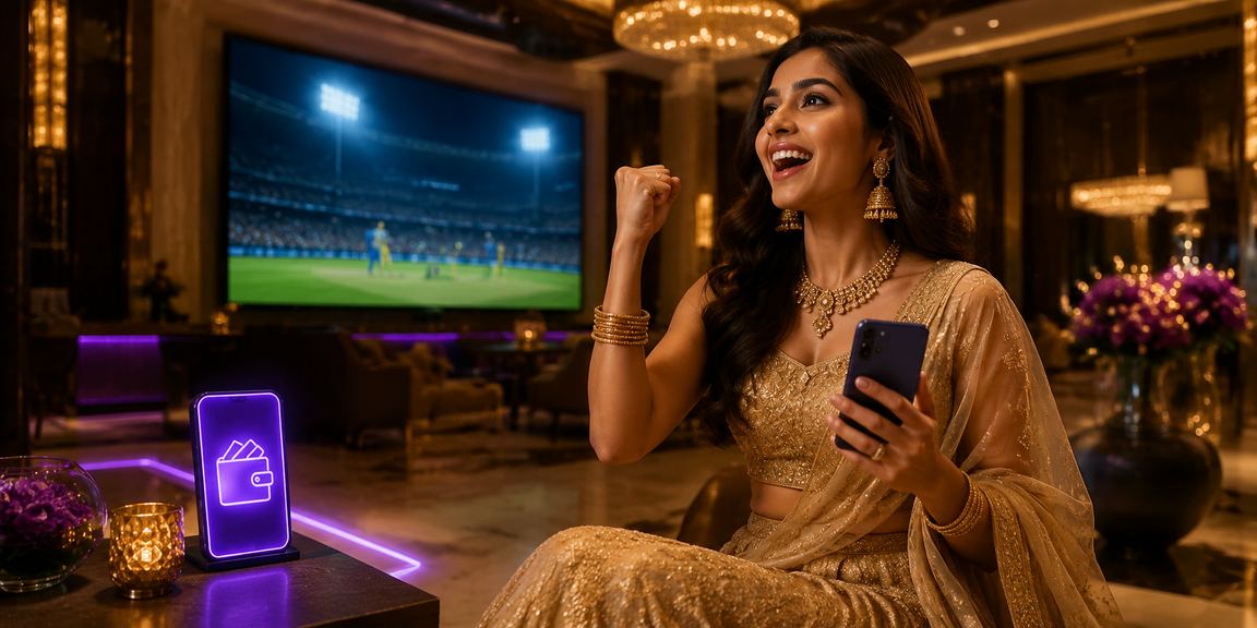 Player making mobile deposit through UPI and Paytm in traditional Indian festival outfit