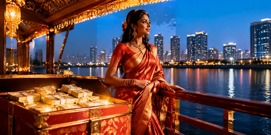 Scenic Kerala backwaters with traditional clothing symbolizing Indian culture and leisure